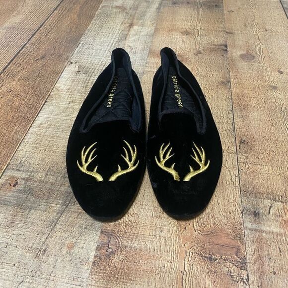 Patricia Green Elegant Antler Embroidered black Slippers Slip On Flats Shoes 6 - Picture 1 of 10